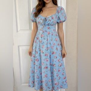 Milkmaid Blue Pink Floral Bodice Midi Dress-M-Cottagecore Summer Garden Party